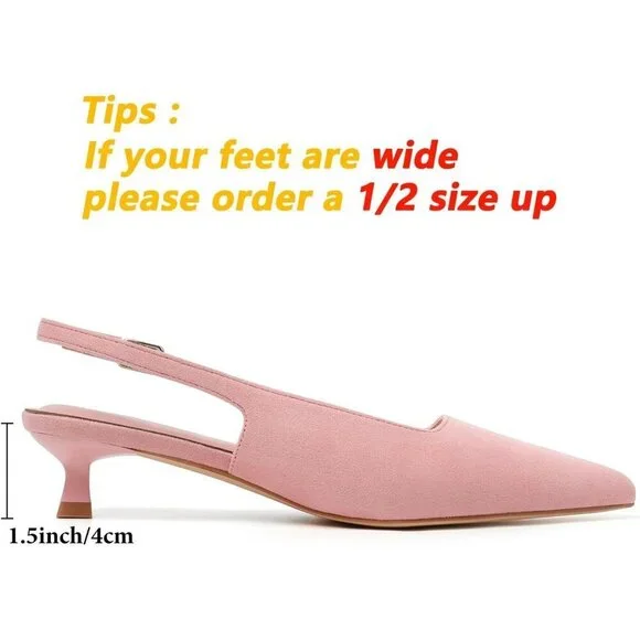 Women's Pink Suede Pointed Closed Toe Slingback Kitten Heels Pumps Party Shoes - Picture 5 of 9